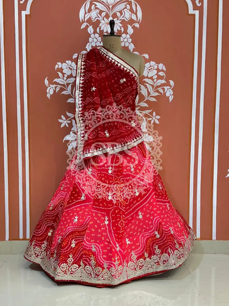 PURE CRAPRE SILK BHANDEJ LEHENGA Pink / Free Size