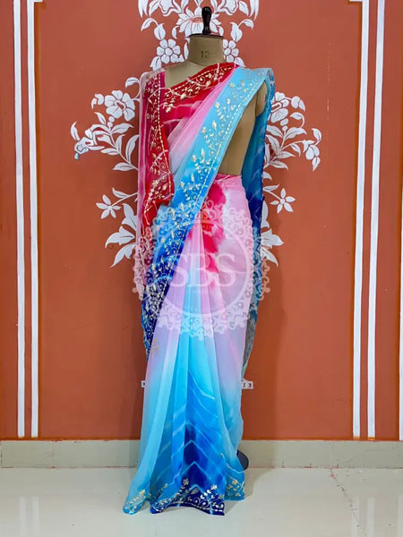 PURE DIAMOND CHIFFON PITTAN WORK SAREE Red & Blue / Free Size