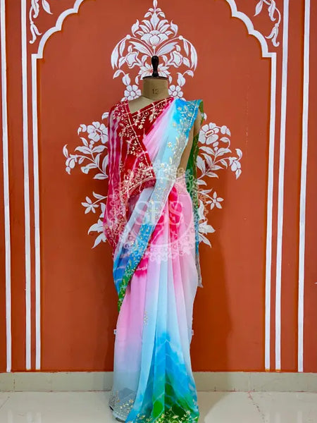 PURE DIAMOND CHIFFON PITTAN WORK SAREE Red & Green / Free Size