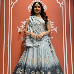 Pure Gazi Satin Silk Gota Mandana Lehenga Ash Grey / Free Size