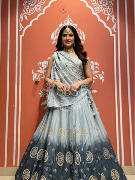 Pure Gazi Satin Silk Gota Mandana Lehenga Ash Grey / Free Size