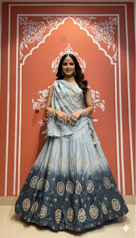Pure Gazi Satin Silk Gota Mandana Lehenga Ash Grey / Free Size