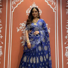 Pure Gazi Satin Silk Gota Mandana Lehenga Navy Blue / Free Size