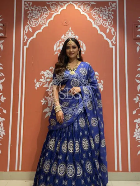 Pure Gazi Satin Silk Gota Mandana Lehenga Navy Blue / Free Size