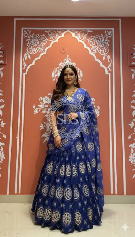 Pure Gazi Satin Silk Gota Mandana Lehenga Navy Blue / Free Size