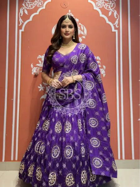 Pure Gazi Satin Silk Gota Mandana Lehenga Purple / Free Size