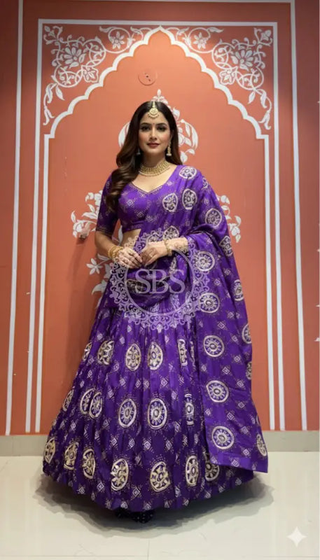 Pure Gazi Satin Silk Gota Mandana Lehenga Purple / Free Size