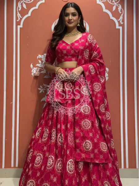 Pure Gazi Satin Silk Gota Mandana Lehenga Rani / Free Size