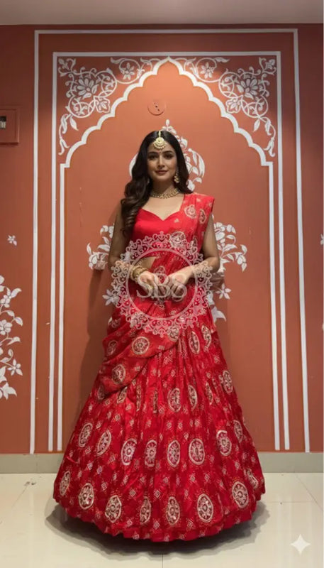 Pure Gazi Satin Silk Gota Mandana Lehenga Red / Free Size