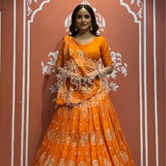 Pure Gazi Satin Silk Gota Mandana Lehenga Rust Orange / Free Size