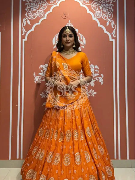 Pure Gazi Satin Silk Gota Mandana Lehenga Rust Orange / Free Size