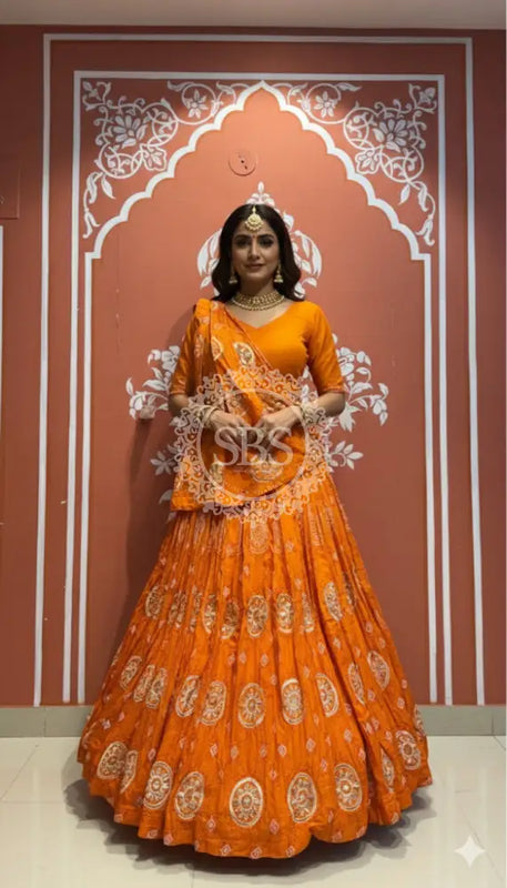Pure Gazi Satin Silk Gota Mandana Lehenga Rust Orange / Free Size
