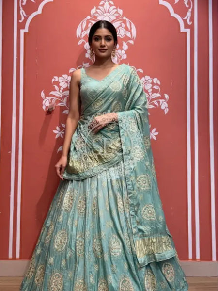 Pure Gazi Satin Silk Gota Mandana Lehenga Sea Green / Free Size