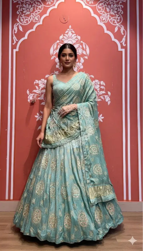 Pure Gazi Satin Silk Gota Mandana Lehenga Sea Green / Free Size