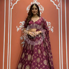 Pure Gazi Satin Silk Gota Mandana Lehenga Wine / Free Size