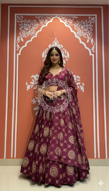 Pure Gazi Satin Silk Gota Mandana Lehenga Wine / Free Size