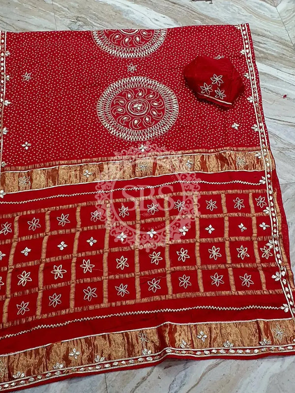 PURE GAZI SATIN SILK SAREE Red / Free Size