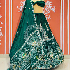 PURE GAZI SILK BHANDEJ LEHENGA Green / Free Size