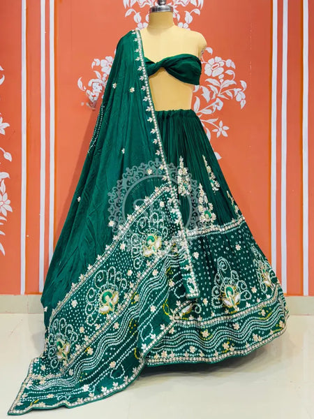 PURE GAZI SILK BHANDEJ LEHENGA Green / Free Size