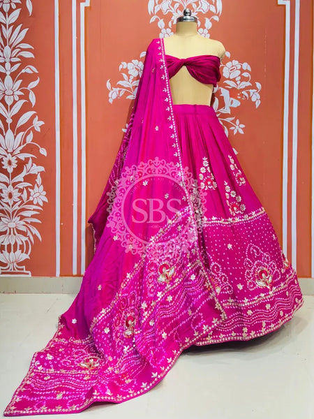 PURE GAZI SILK BHANDEJ LEHENGA Pink / Free Size