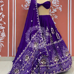 PURE GAZI SILK BHANDEJ LEHENGA Purple / Free Size