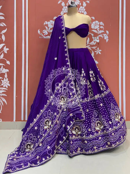 PURE GAZI SILK BHANDEJ LEHENGA Purple / Free Size