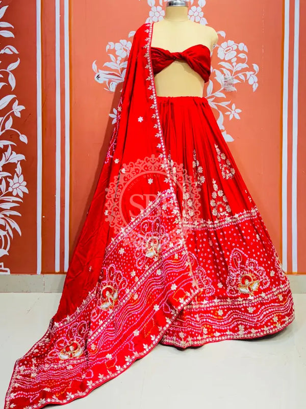 PURE GAZI SILK BHANDEJ LEHENGA Red / Free Size