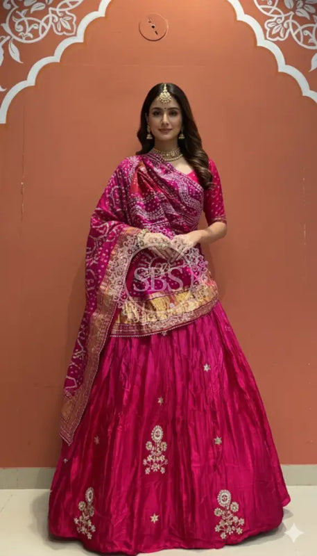 Pure Gazi Silk Dupatta Kacchi Patti with pure Gazi Silk kacchi patti Lehenga Pink / Free Size