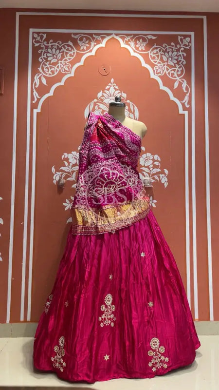 Pure Gazi Silk Dupatta Kacchi Patti with pure Gazi Silk kacchi patti Lehenga Pink / Free Size
