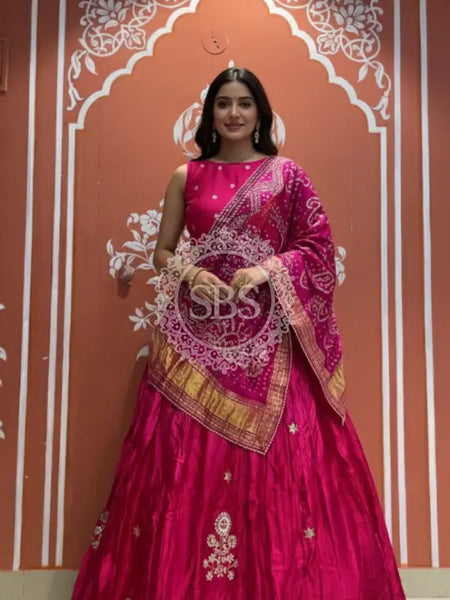 Pure Gazi Silk Dupatta Kacchi Patti with pure Gazi Silk kacchi patti Lehenga Pink / Free Size