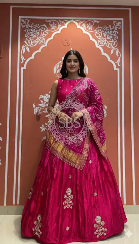 Pure Gazi Silk Dupatta Kacchi Patti with pure Gazi Silk kacchi patti Lehenga Pink / Free Size