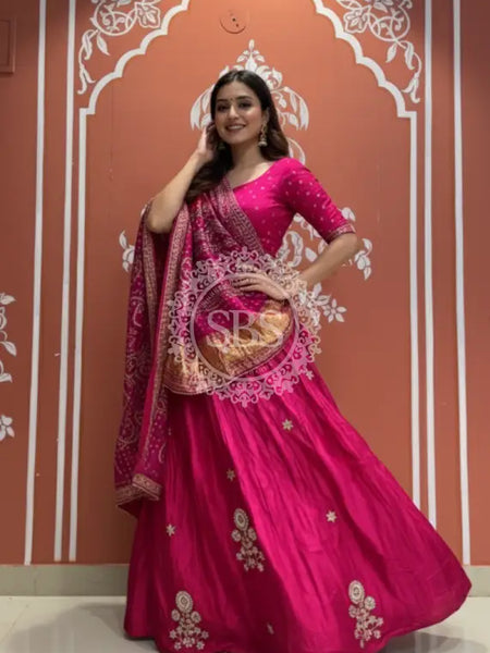 Pure Gazi Silk Dupatta Kacchi Patti with pure Gazi Silk kacchi patti Lehenga Pink / Free Size