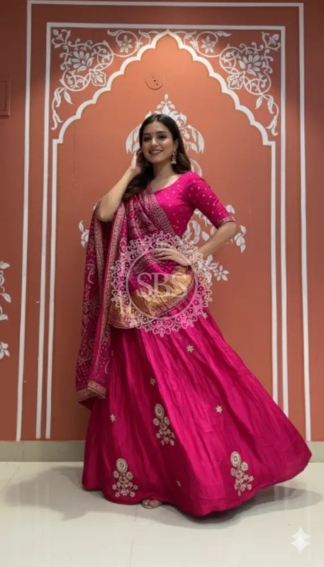 Pure Gazi Silk Dupatta Kacchi Patti with pure Gazi Silk kacchi patti Lehenga Pink / Free Size