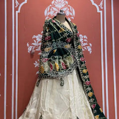 Pure gazi silk dupatta kacchi patti with pure tissue kacchi patti Lehenga Green and White / Free Size