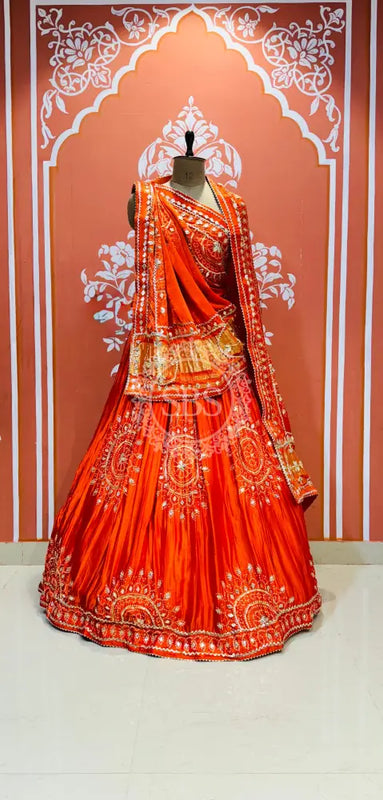 PURE GAZI SILK GOTA PATTI LEHENGA Orange / Free Size