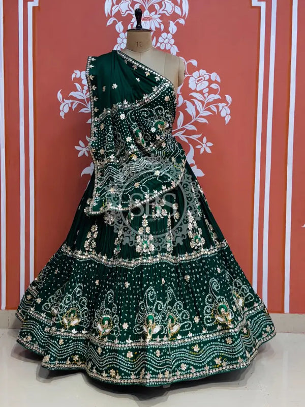 PURE GAZI SILK HANDWORK GOTA PATTI LEHENGA Green / Free Size