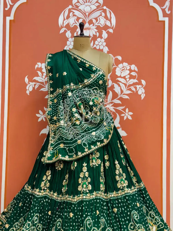 PURE GAZI SILK HANDWORK GOTA PATTI LEHENGA Green / Free Size