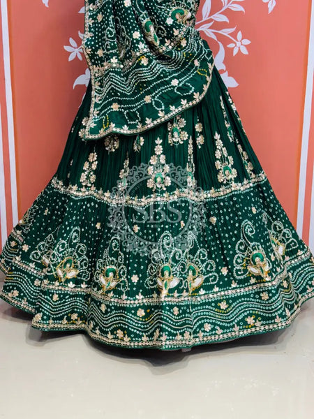 PURE GAZI SILK HANDWORK GOTA PATTI LEHENGA Green / Free Size