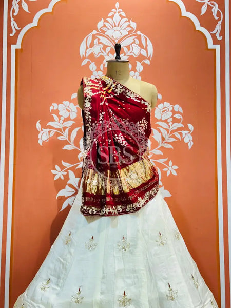 PURE GAZI SILK HANDWORK GOTA PATTI LEHENGA Maroon & White / Free Size
