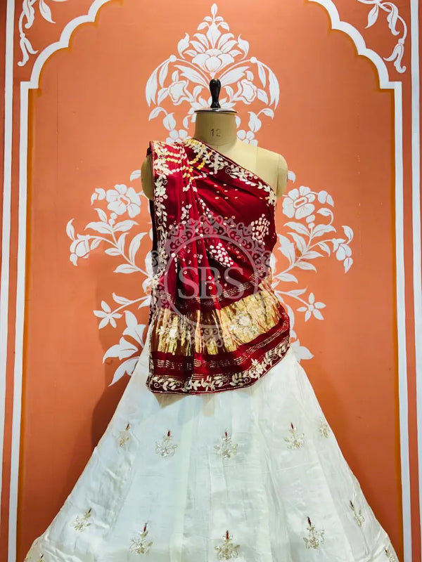 PURE GAZI SILK HANDWORK GOTA PATTI LEHENGA Maroon & White / Free Size