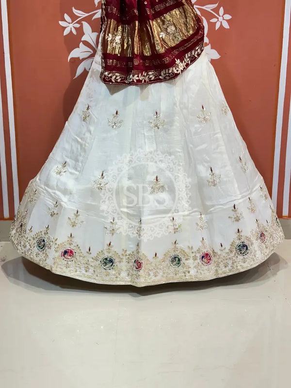 PURE GAZI SILK HANDWORK GOTA PATTI LEHENGA Maroon & White / Free Size