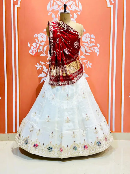 PURE GAZI SILK HANDWORK GOTA PATTI LEHENGA Maroon & White / Free Size