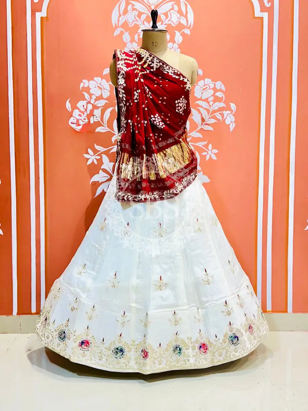 PURE GAZI SILK HANDWORK GOTA PATTI LEHENGA Maroon & White / Free Size