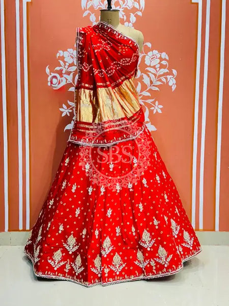 PURE GAZI SILK HANDWORK GOTA PATTI LEHENGA Red / Free Size