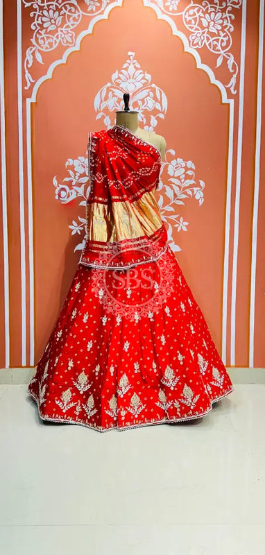 PURE GAZI SILK HANDWORK GOTA PATTI LEHENGA Red / Free Size