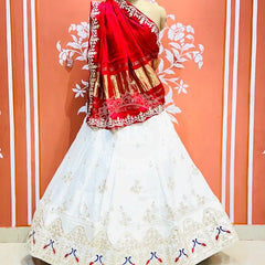 PURE GAZI SILK HANDWORK GOTA PATTI LEHENGA Red & White / Free Size