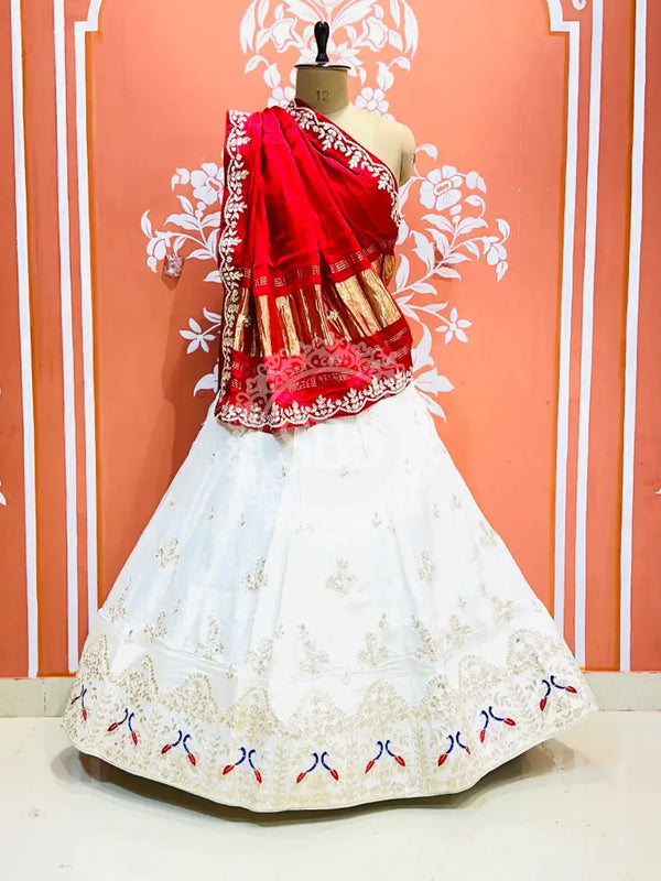 PURE GAZI SILK HANDWORK GOTA PATTI LEHENGA Red & White / Free Size