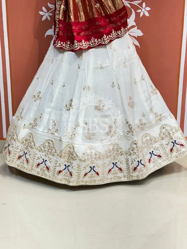 PURE GAZI SILK HANDWORK GOTA PATTI LEHENGA Red & White / Free Size