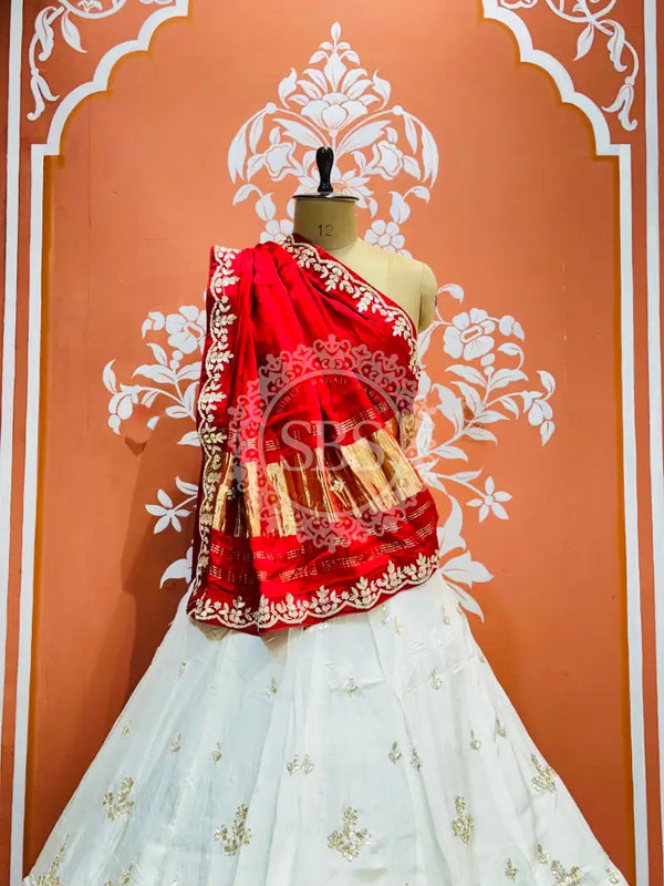 PURE GAZI SILK HANDWORK GOTA PATTI LEHENGA Red & White / Free Size