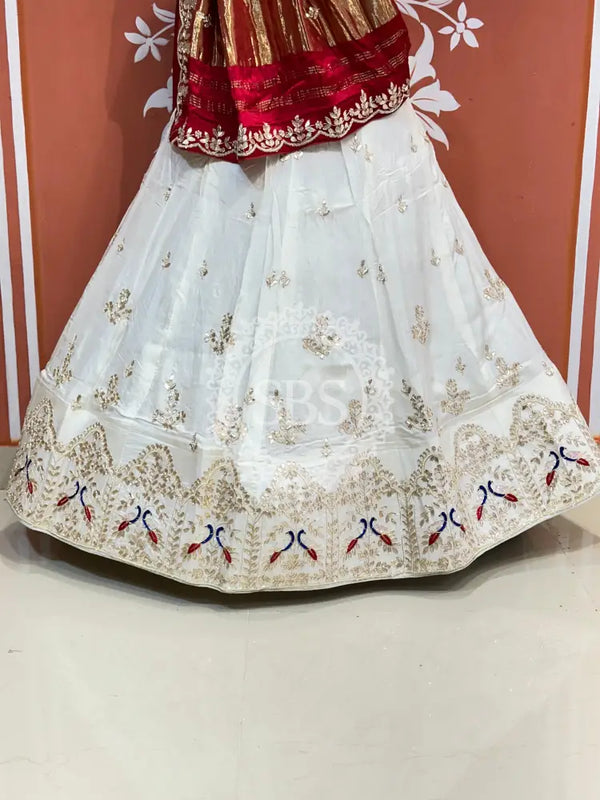 PURE GAZI SILK HANDWORK GOTA PATTI LEHENGA Red & White / Free Size